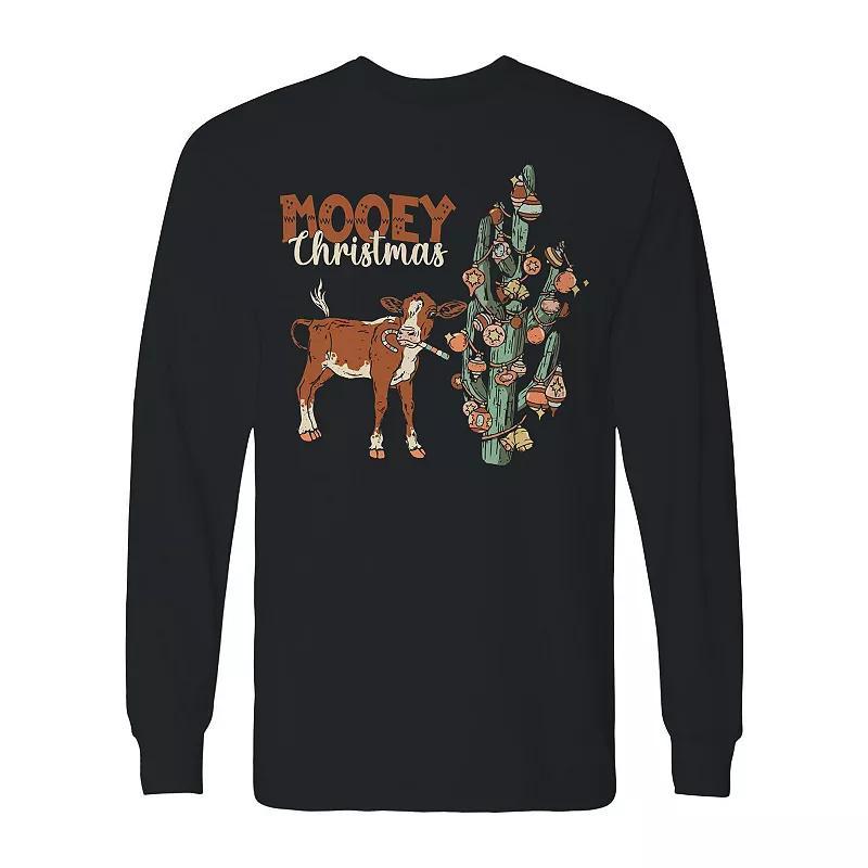 Men's Mooey Cow Christmas Long Sleeve Graphic Tee, Size: XL, Black Product Image