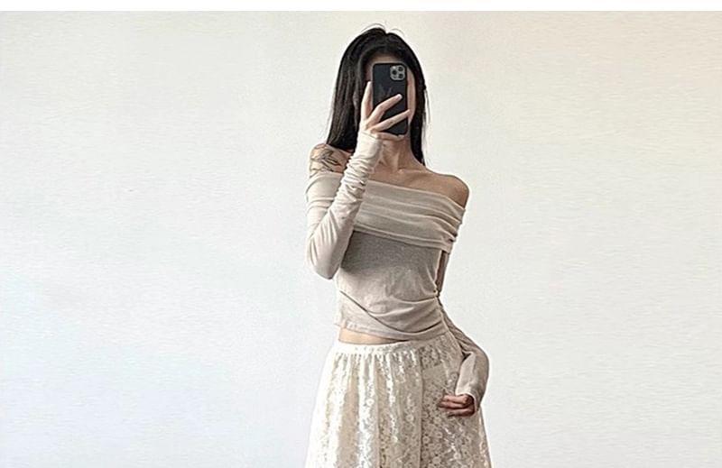 Elastic Waist Asymmetrical Lace Midi A-Line Skirt / String Belt Product Image