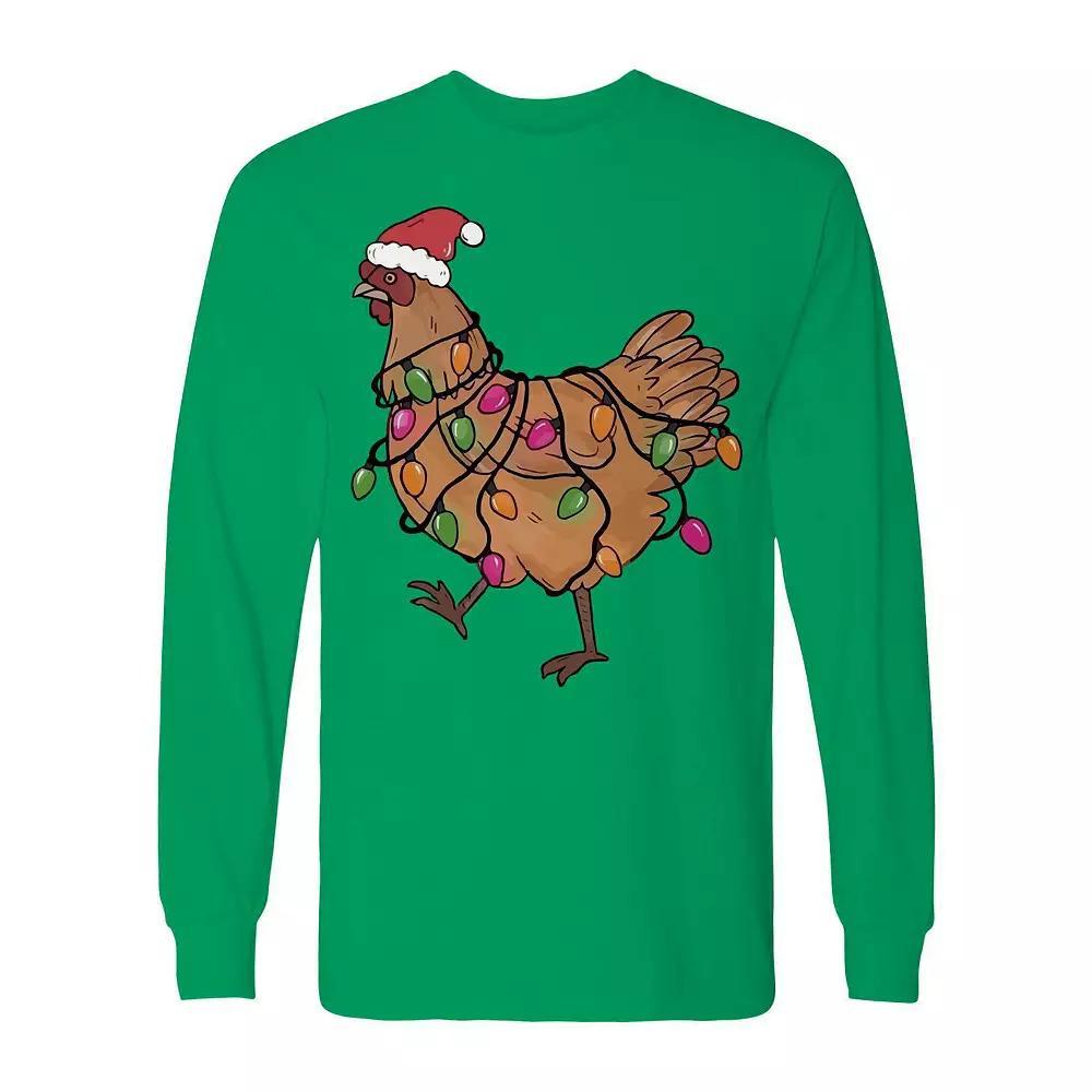 Men's Christmas Light Hen Long Sleeve Graphic Tee, Size: Large, Irish Green Product Image