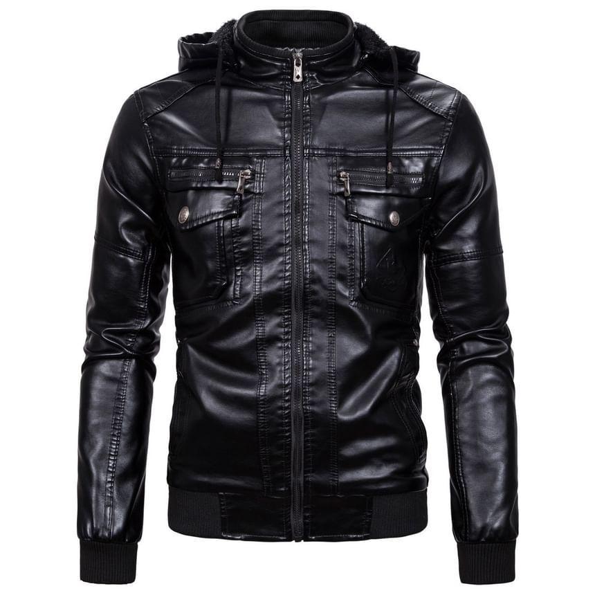 Hooded Fleece-Lined Faux Leather Zip Jacket Product Image