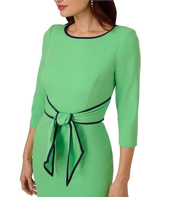 Adrianna Papell Petite Size Contrast Trim Boat Neck 3/4 Sleeve Tie Waist Crepe Dress Product Image