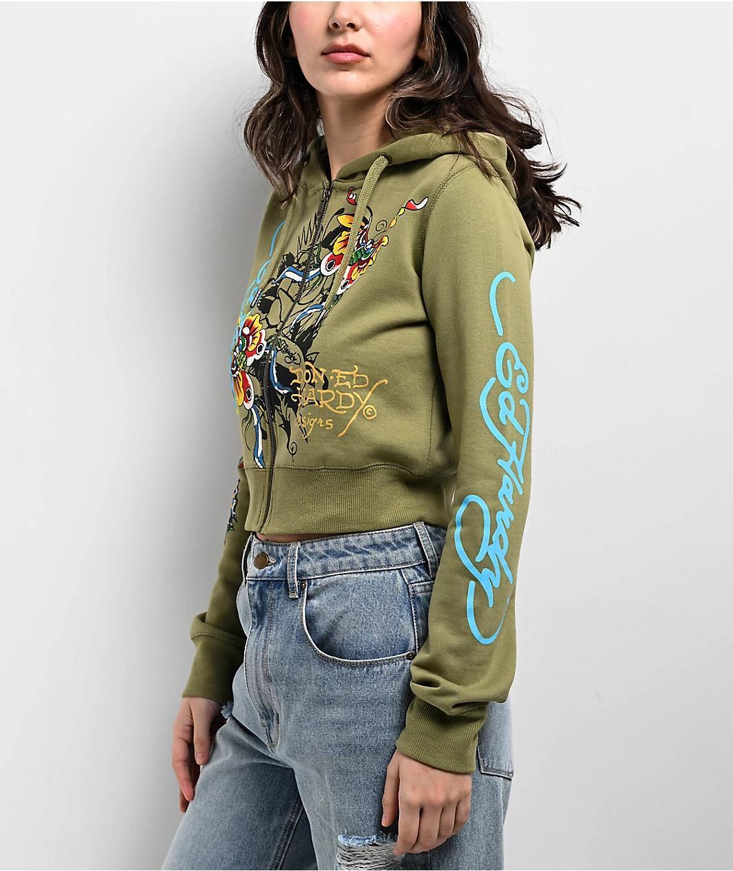 Ed Hardy Butterflies Y2K Olive Crop Zip Hoodie Product Image