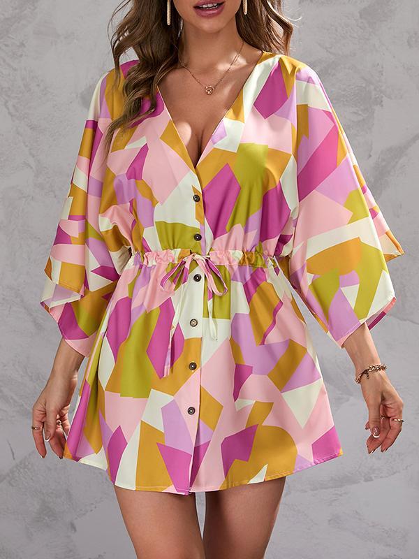 A-Line Half Sleeves Buttoned Drawstring Printed V-Neck Mini Dresses Product Image
