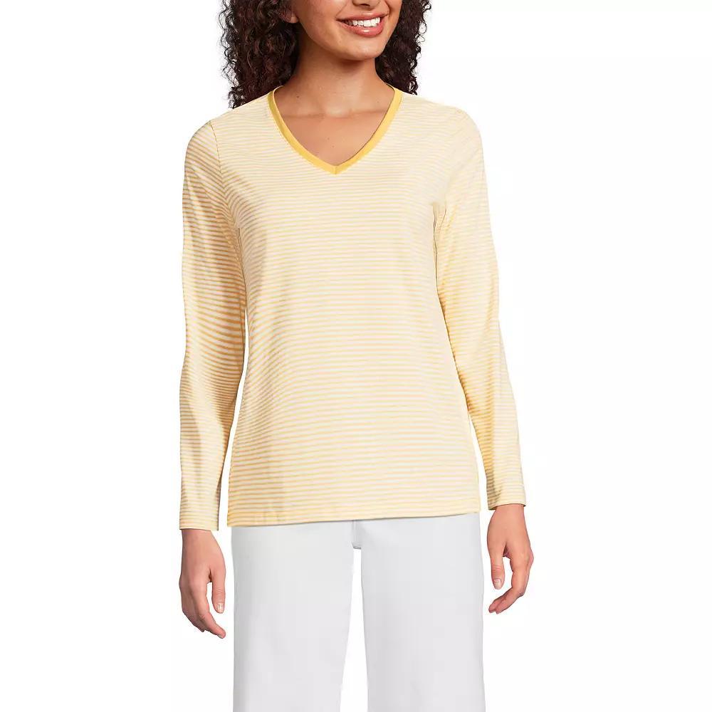 Women's Lands' End Relaxed-Fit Supima Long Sleeve Cotton V-Neck Tee, Size: Medium, Simply Yellow Stripe Product Image