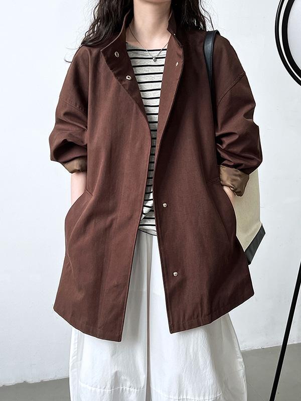 Long Sleeves Loose Pockets Solid Color Stand Collar Outerwear Trench Coats Product Image