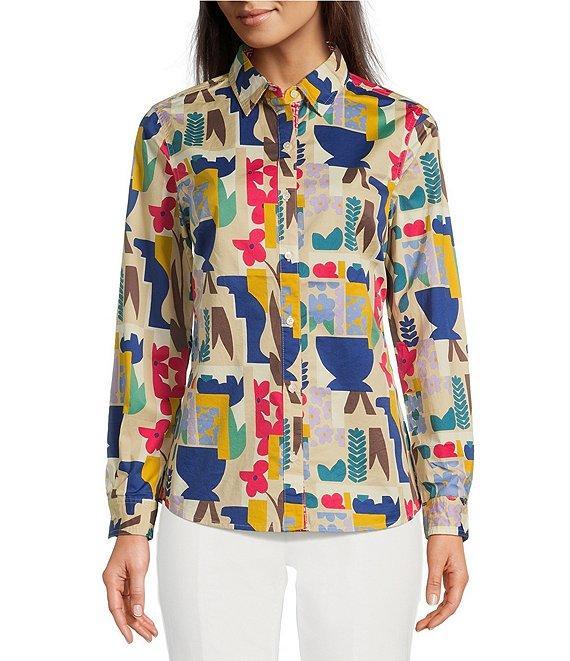 J.McLaughlin Lois Printed Cotton Relaxed Fit Point Collar Long Sleeve Blouse Product Image