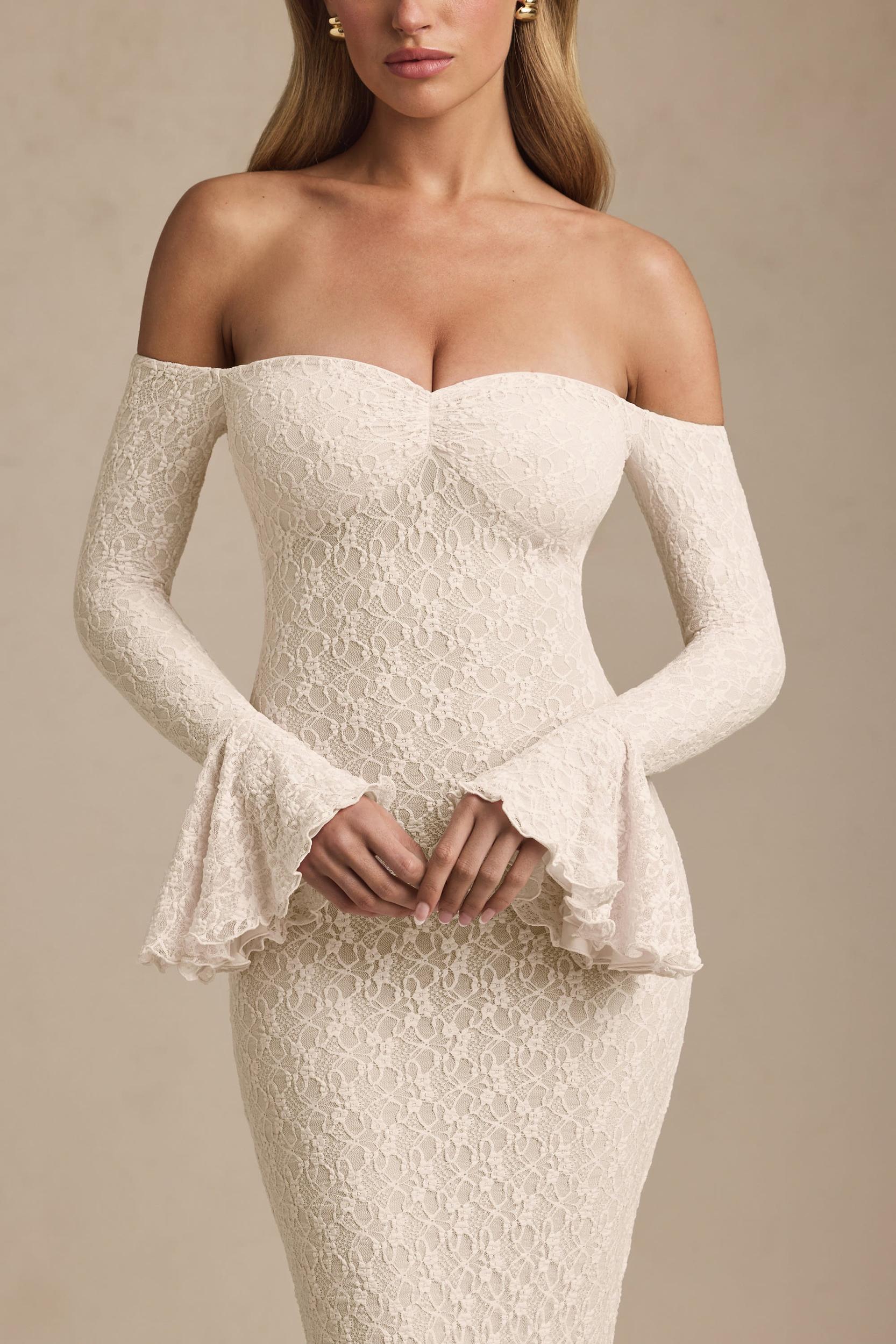 Off-Shoulder Ruffle Lace Maxi Dress in Ivory Product Image