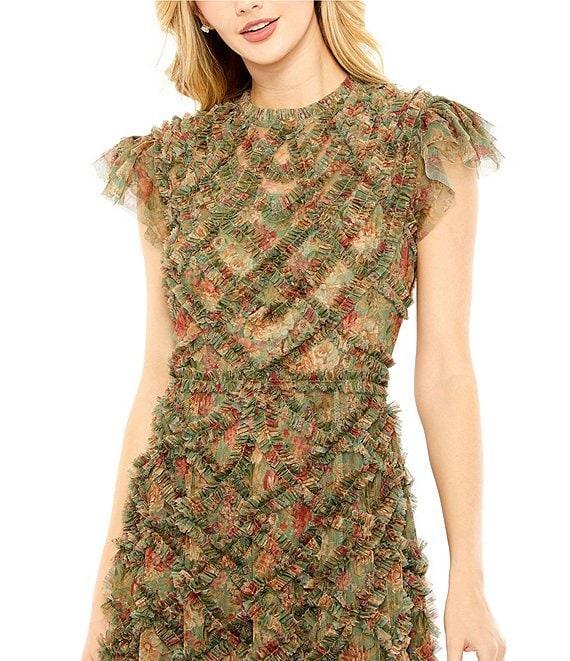Mac Duggal Floral Print Crew Neck Cap Sleeve Ruffle Embellished Tiered Hem Dress Product Image