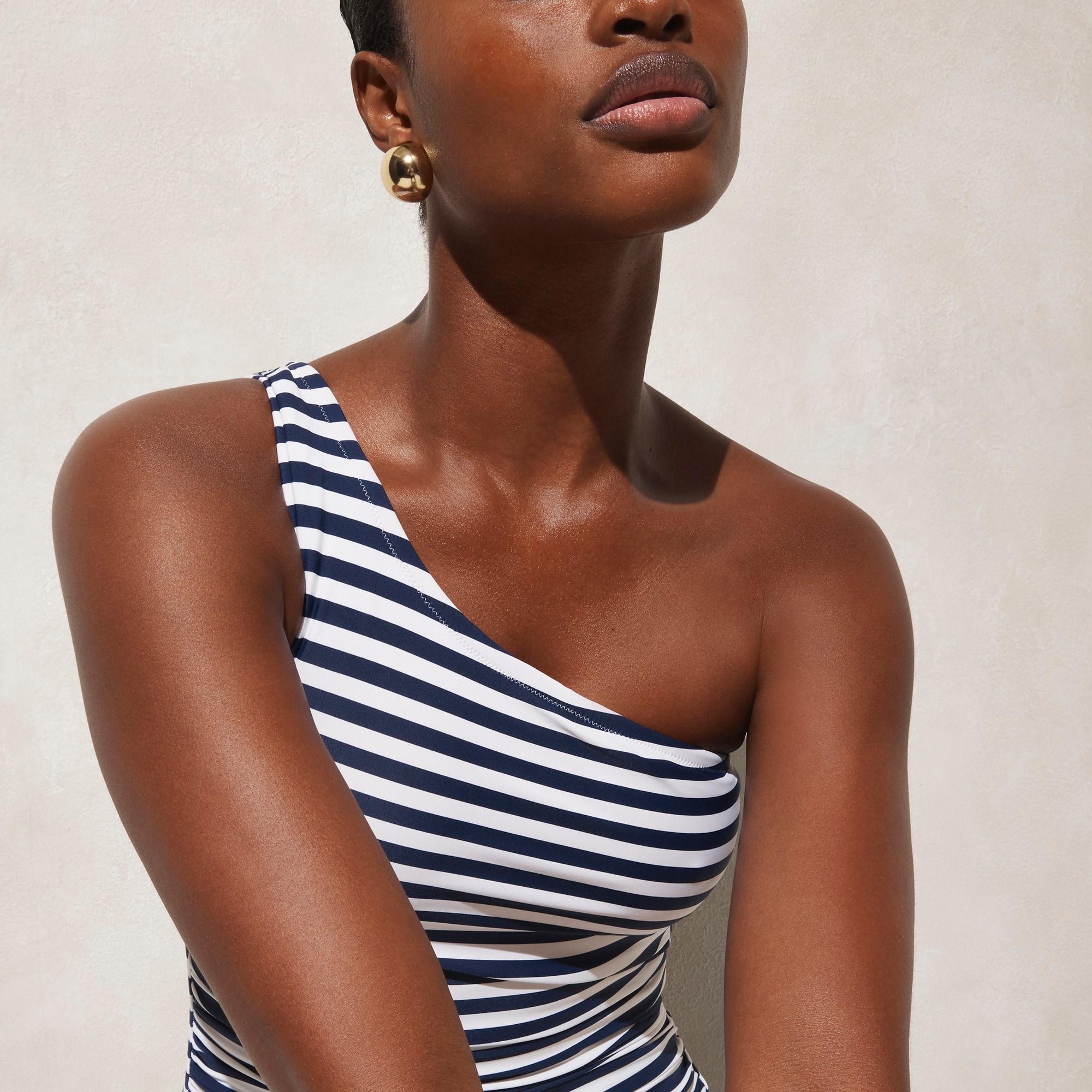 Sleek ruched one-shoulder one-piece in stripe Product Image