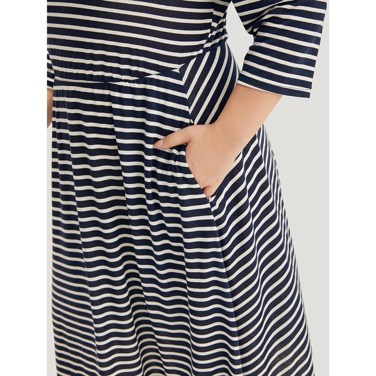 Plus Size Striped Crew Neck Pocket Twist Back Dress Indigo Women Casual Elastic Waist Round Neck Elbow-length sleeve Curvy Midi Dress BloomChic 12/L Product Image
