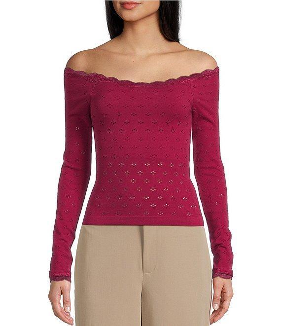 Evolutionary Pointelle Lace Off-The-Shoulder Long Sleeve Top Product Image