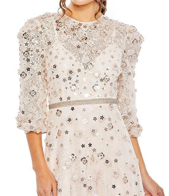 Mac Duggal Sequin Floral Applique Illusion Crew Neck 3/4 Sleeve Gown Product Image