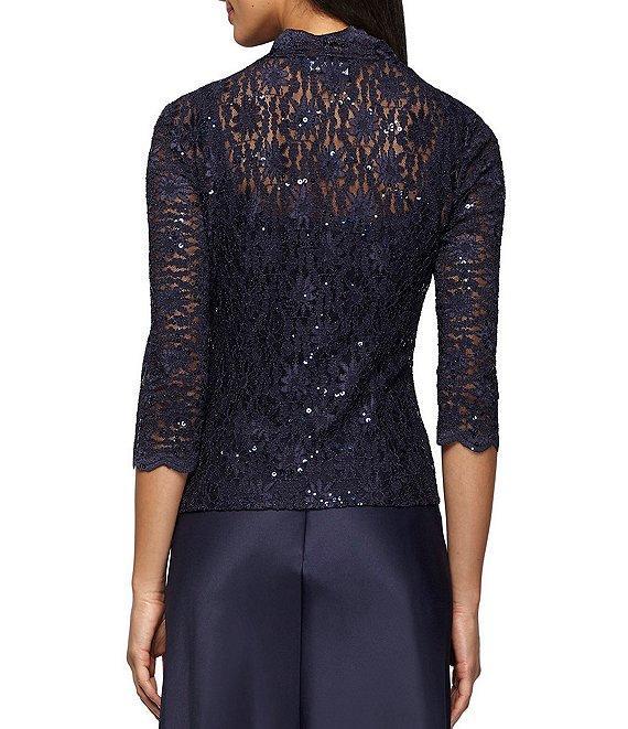 Alex Evenings Sequin Embellished Floral Lace Square Neck A-Line 3/4 Sleeve Satin 2-Piece Jacket Gown Product Image