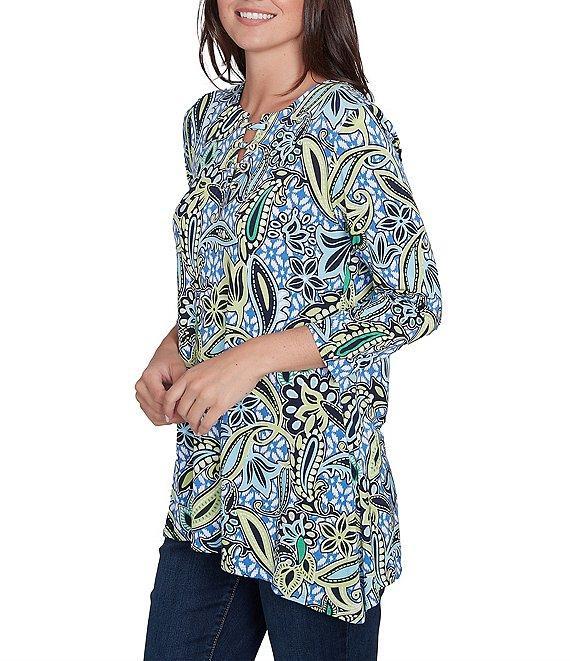 Ruby Rd. Petite Size Balinese Ikat Print Knit Crew Neck Lace Up Front Placket 3/4 Sleeve Top Product Image