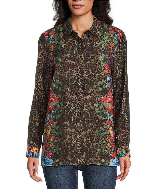 John Mark Petite Size Animal Skin Floral Multi Print Point Collar Long Roll-Tab Sleeve Button Front Tunic Product Image