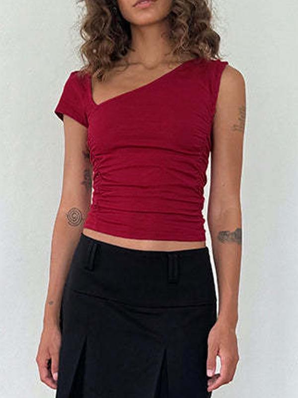 Irregular Slanted Shoulder Ruched Short Sleeve Tee Product Image