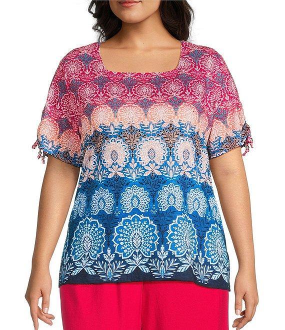 Allison Daley Plus Size Pomegranate Damask Floral Border Print Short Ruched Tie Sleeve Square Neck Knit Top Product Image