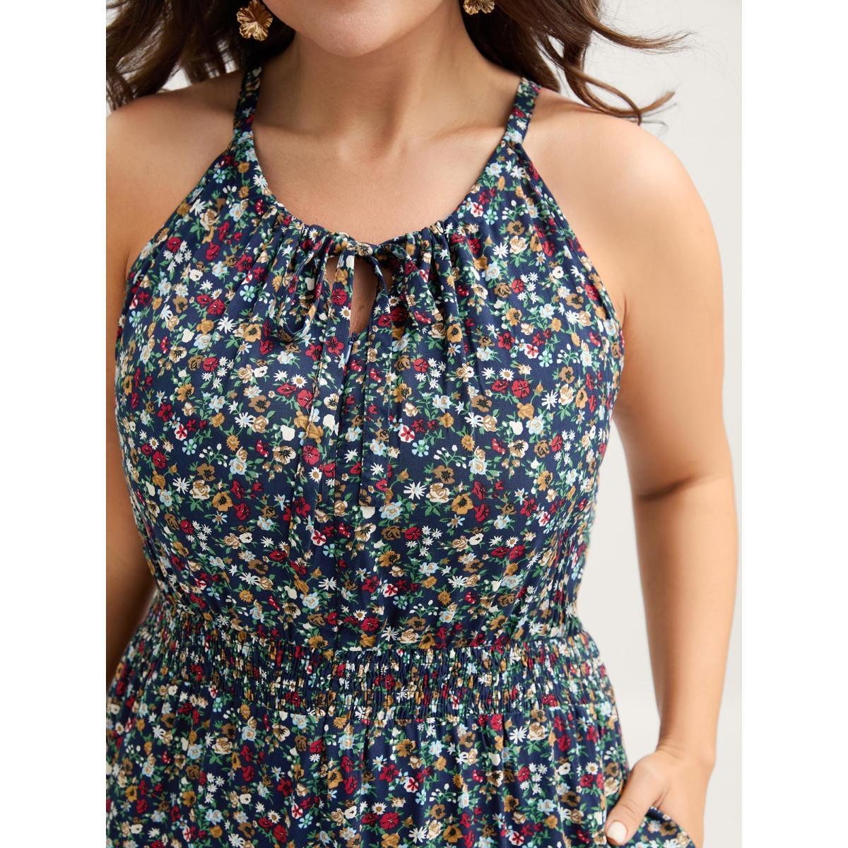 Plus Size Indigo Floral Print Shirred Waist Cami Jumpsuit Women Sleeveless Square Neck Elegant Loose Jumpsuits BloomChic 14-16/1X Product Image