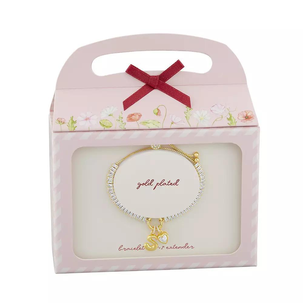 Brilliance Silver Plated Cubic Zirconia Heart Charm & Bubble Initial Charm Bracelet, Women's, Size: 4-10" ADJ, Gold Tone A Product Image