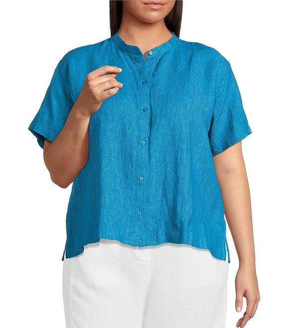 Eileen Fisher Plus Washed Organic Linen Mandarin Collar Short Sleeve Button Front Top Product Image