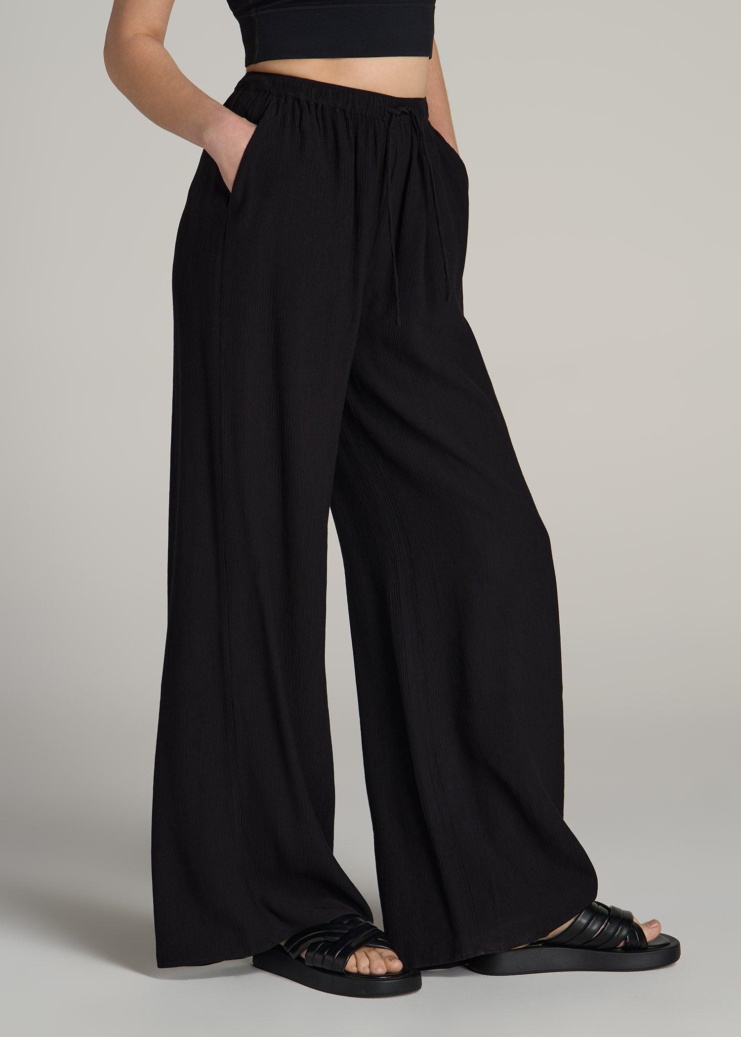 Crinkle Pull-on Wide-leg Pants for Tall Women in Black Female Product Image