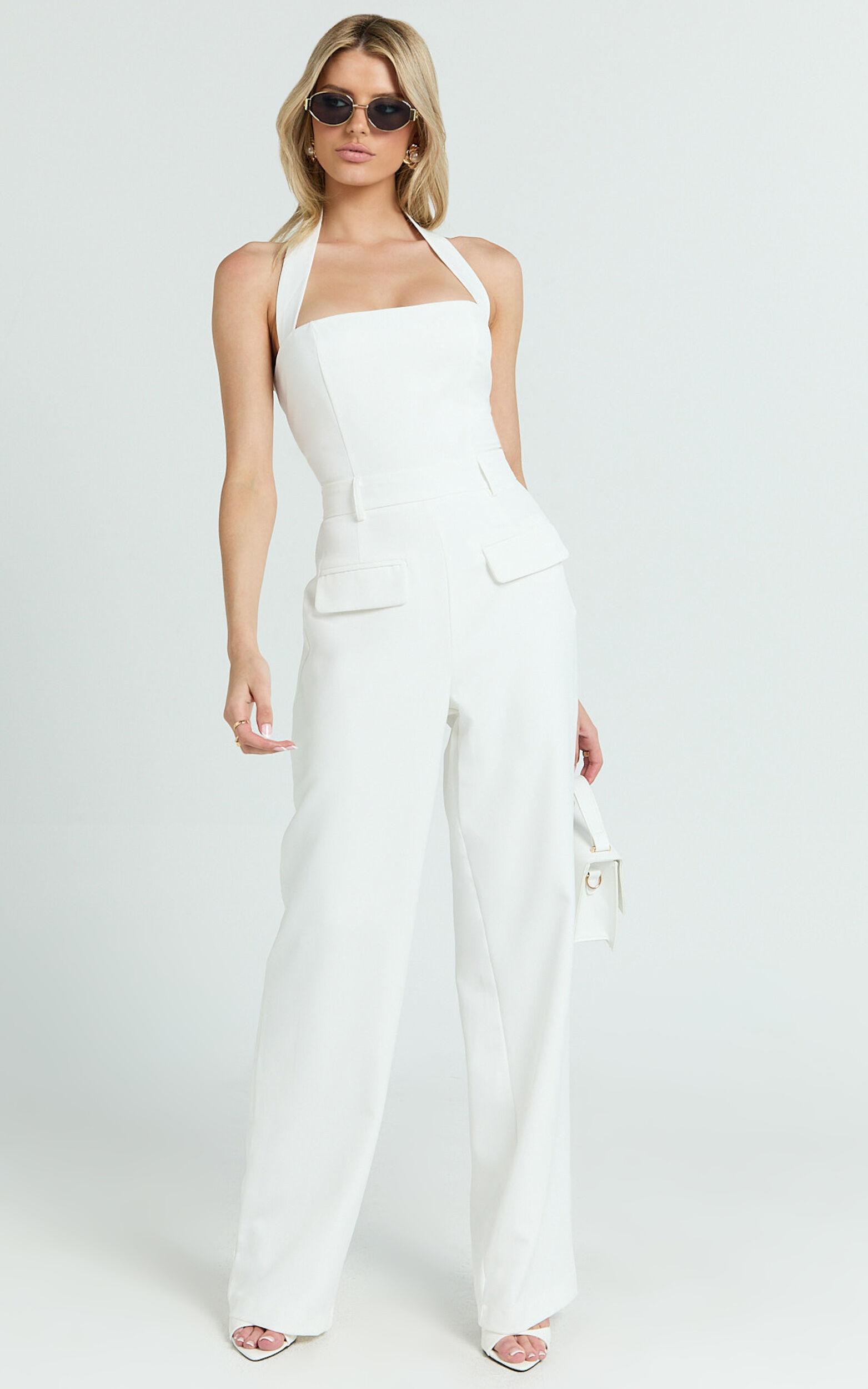 Koko Jumpsuit - Square Neck Halter Tailored Jumpsuit in White Product Image