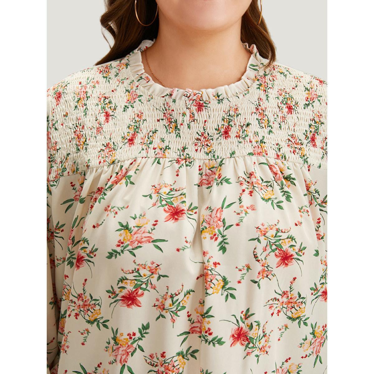 Plus Size White Floral Print Shirred Frill Trim Blouse Women Elegant Long Sleeve Round Neck Dailywear Blouses BloomChic 12/L Product Image