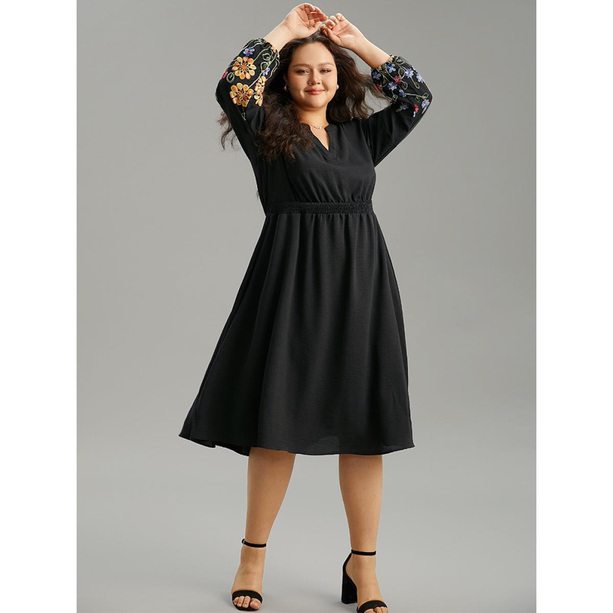 Plus Size Floral Embroidered Notched Midi Dress Black Women Elegant Elastic cuffs Notched collar Long Sleeve Curvy Midi Dress BloomChic 28/5X Product Image