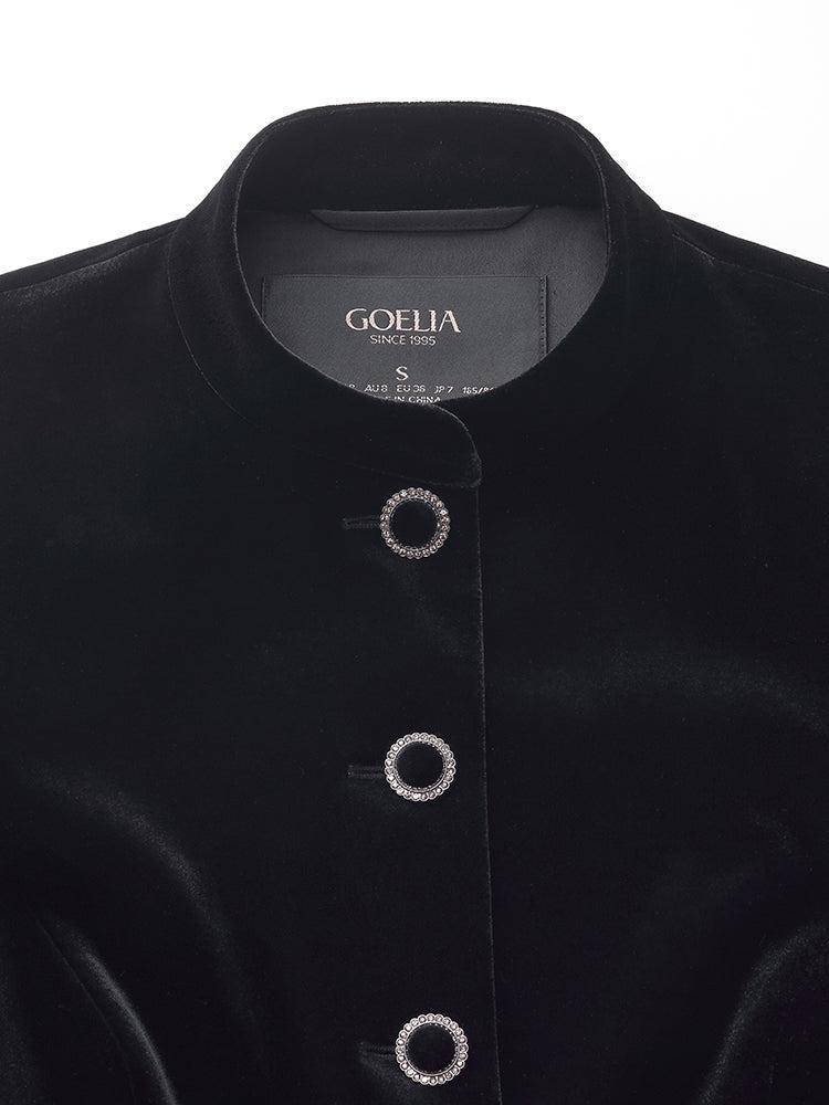 Velvet Mandarin Collar Ruffle Hem Jacket And Back Slit Skirt Two-Piece Product Image