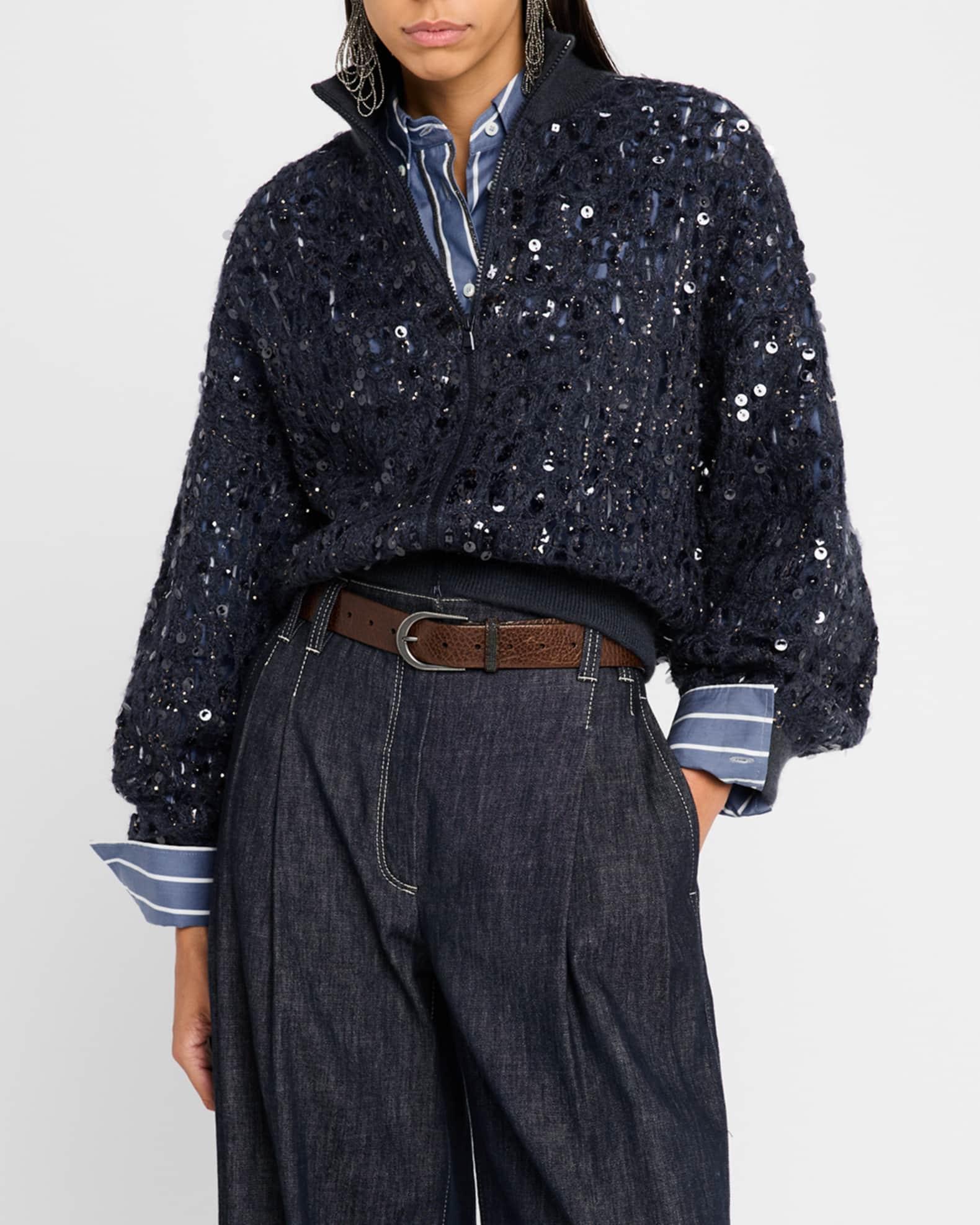 Wool-Cashmere Paillette Open-Knit Zip Cardigan Product Image