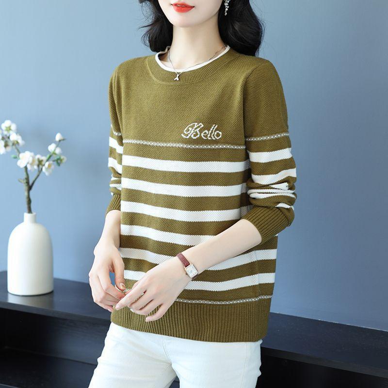 Long-Sleeve Crewneck Striped Knit Top Product Image