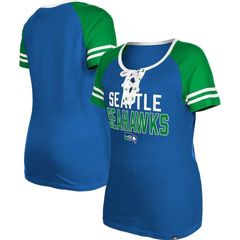 Womens New Era Royal Seattle Seahawks Throwback Raglan Lace-Up T-Shirt Product Image