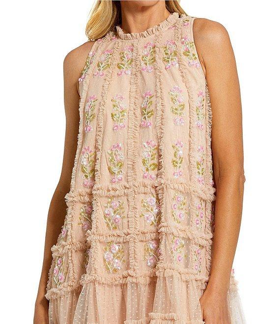 Mac Duggal Beaded Mesh High Neck Sleeveless Ruffle A-Line Dress Product Image