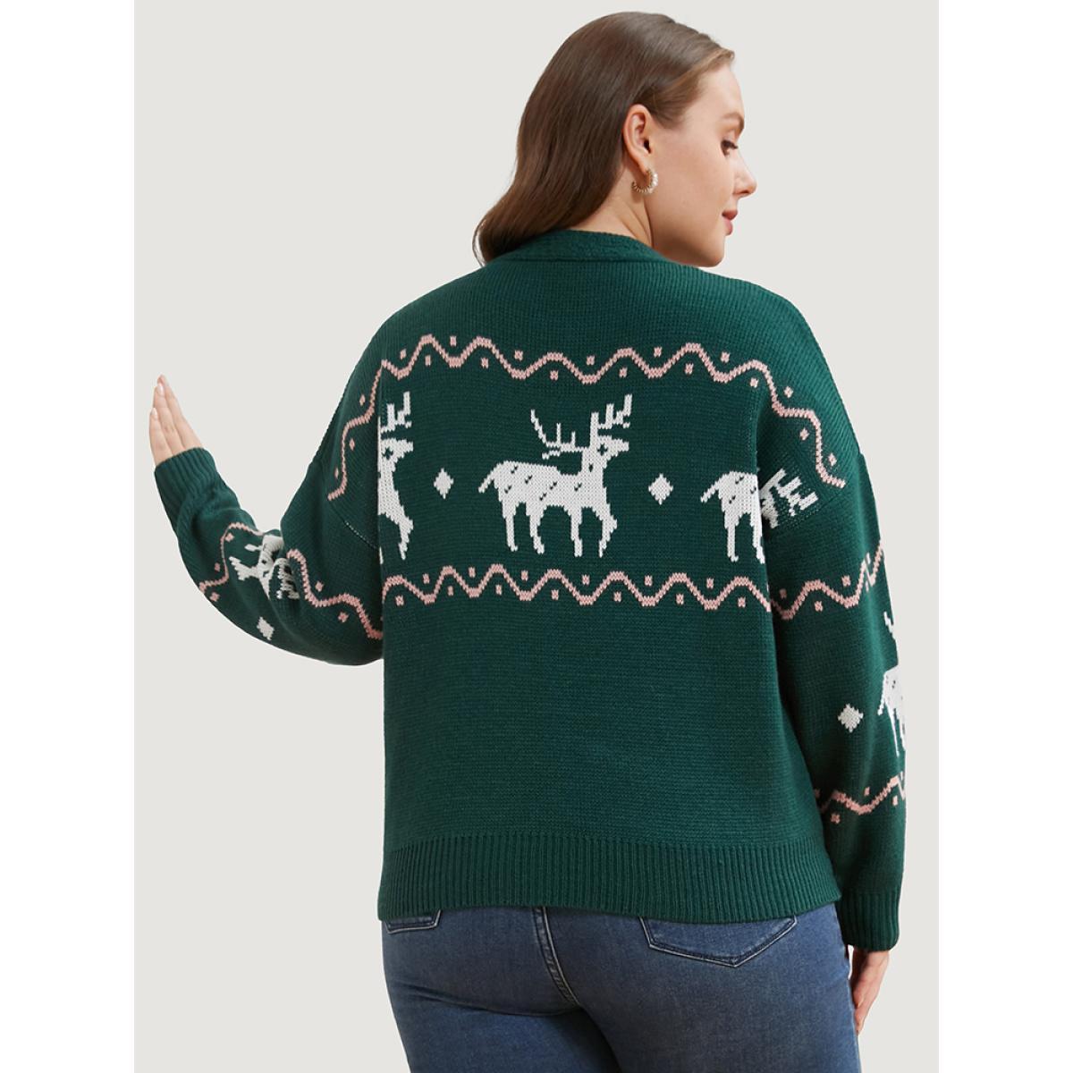 Plus Size Elk Print Pointelle Knit Pocket Jacquard Button Front Cardigan DarkGreen Women Casual Loose Long Sleeve Dailywear Cardigans BloomChic 30/6X Product Image