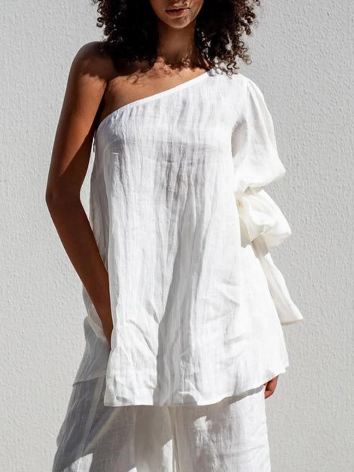 Flared Sleeves Loose Asymmetric Elasticity Pleated Solid Color Split-Joint One-Shoulder Blouses&Shirts Tops Product Image