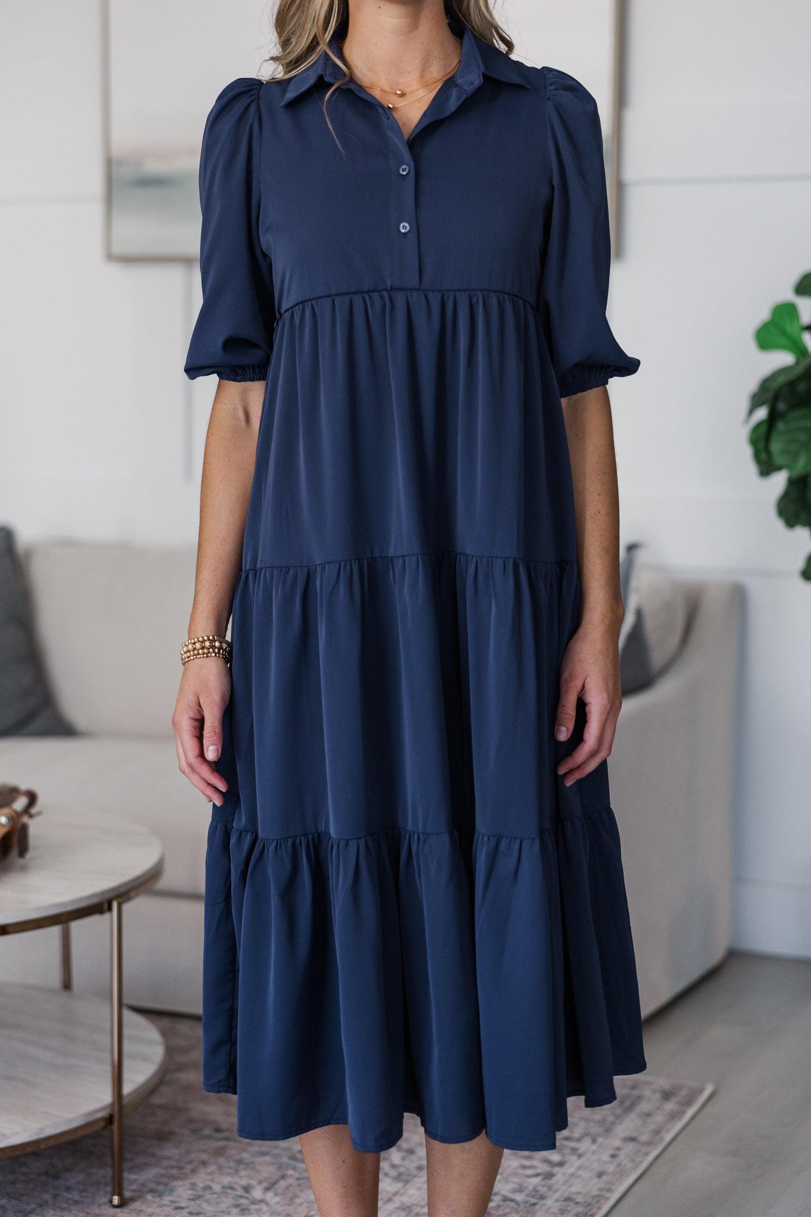 NURSING COLLECTION: Love Found Navy Blue Tiered Midi Dress Female Product Image