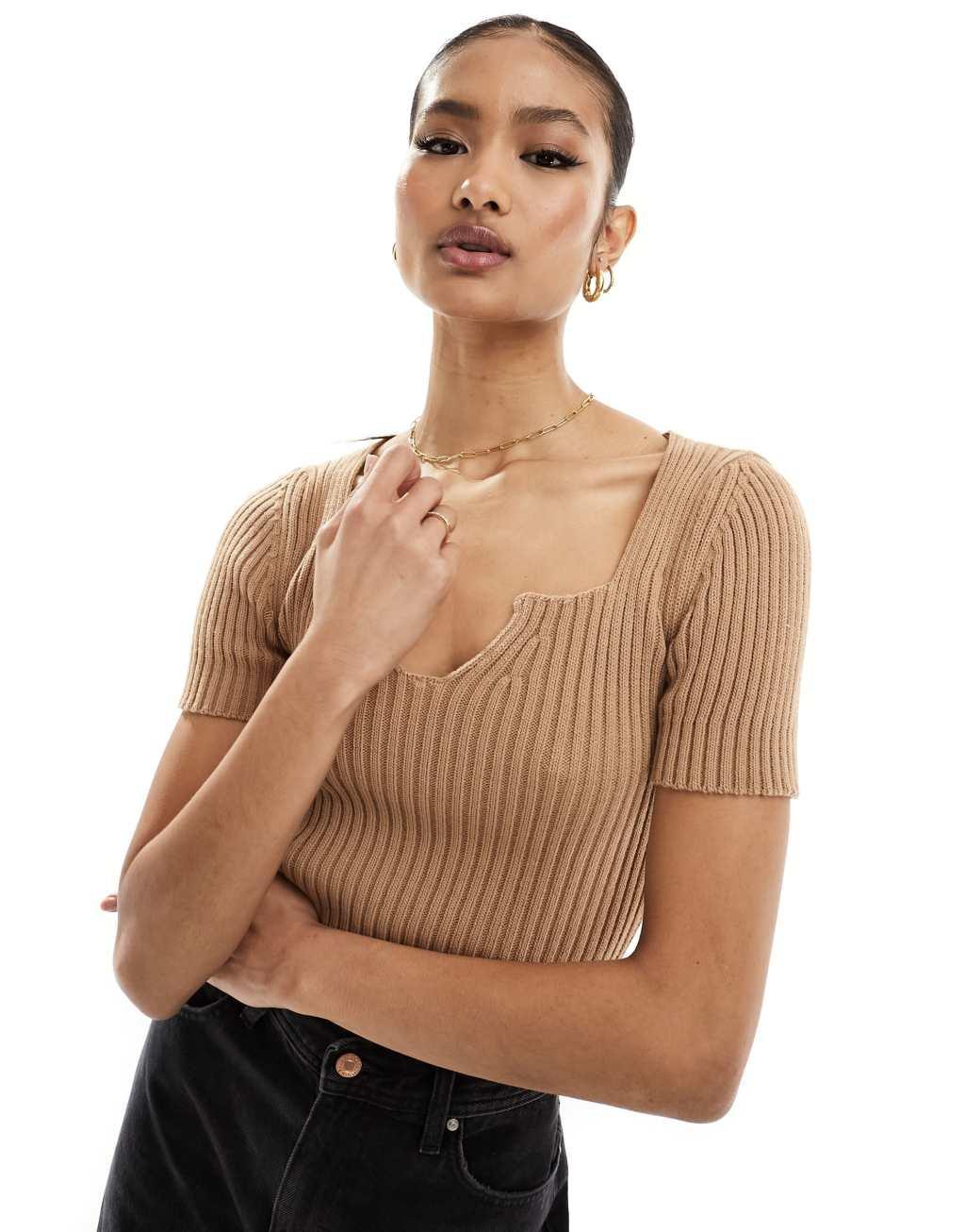 Fashionkilla knit v neck top in brown Product Image