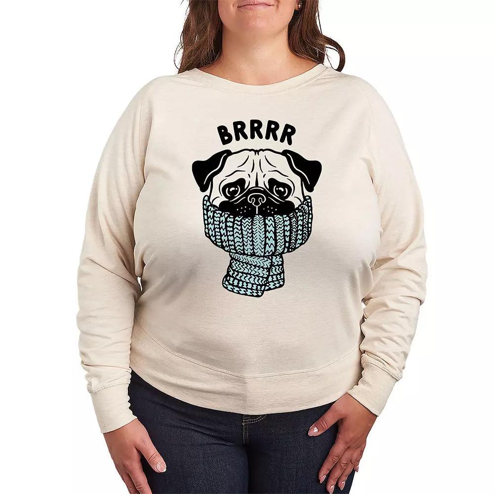 Plus Size Brrrr Pug Scarf French Terry Long Sleeve Tee, Women's, Size: 2XL, Brown Product Image