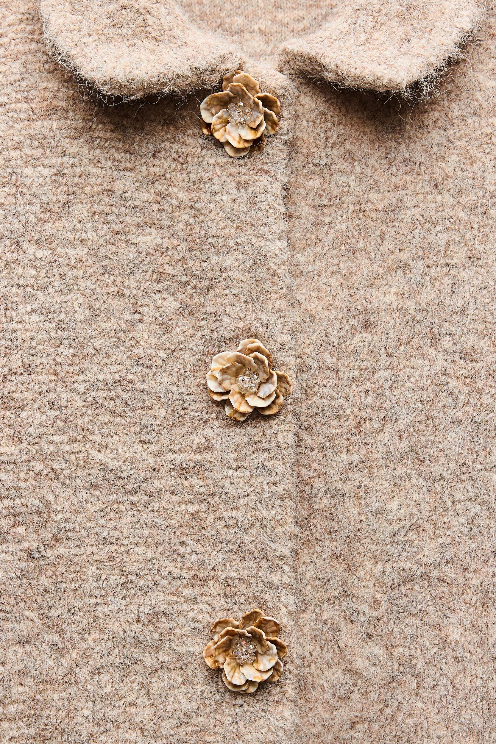 FAUX FUR KNIT CARDIGAN WITH FLOWER BUTTONS Product Image