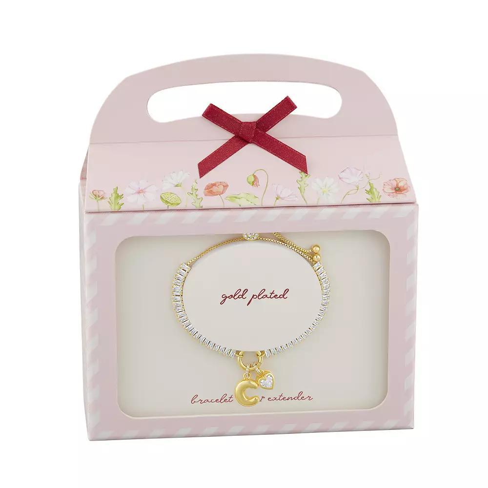 Brilliance Silver Plated Cubic Zirconia Heart Charm & Bubble Initial Charm Bracelet, Women's, Size: 4-10" ADJ, Gold Tone J Product Image