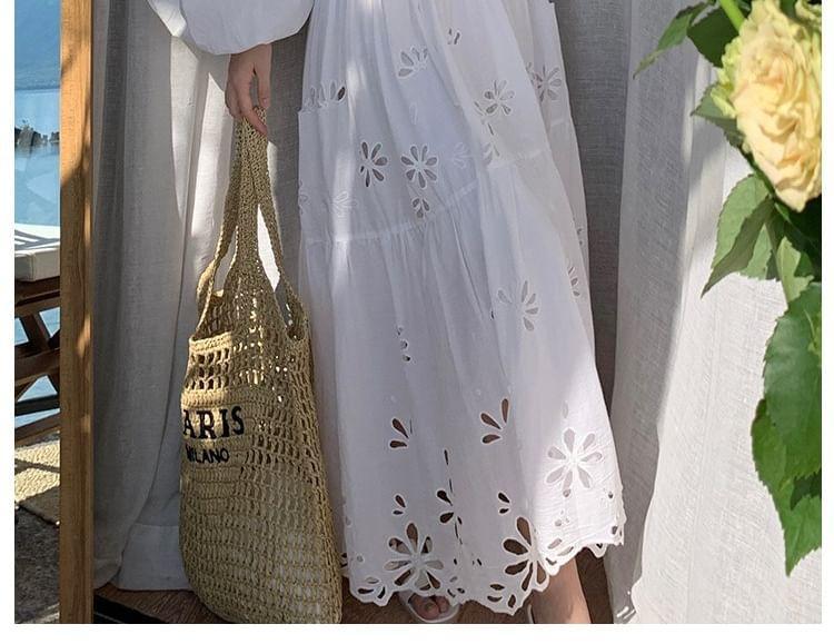 Long Sleeve V-Neck Plain Embroidered Eyelet Button Maxi A-Line Dress Product Image