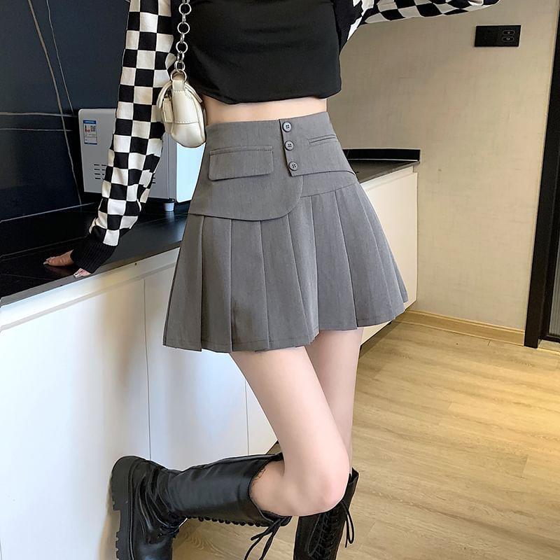 High Rise Plain Asymmetrical Pleated Mini A-Line Skirt Product Image