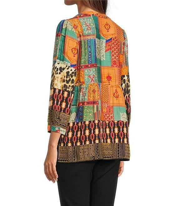 Calessa Petite Size Embroidered Patchwork Split V-Neck 3/4 Sleeve Tunic Product Image