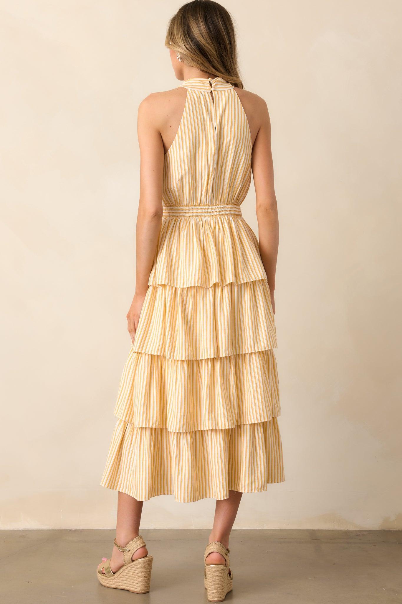 Where I Want To Be Yellow Stripe Tiered Halter Maxi Dress Product Image