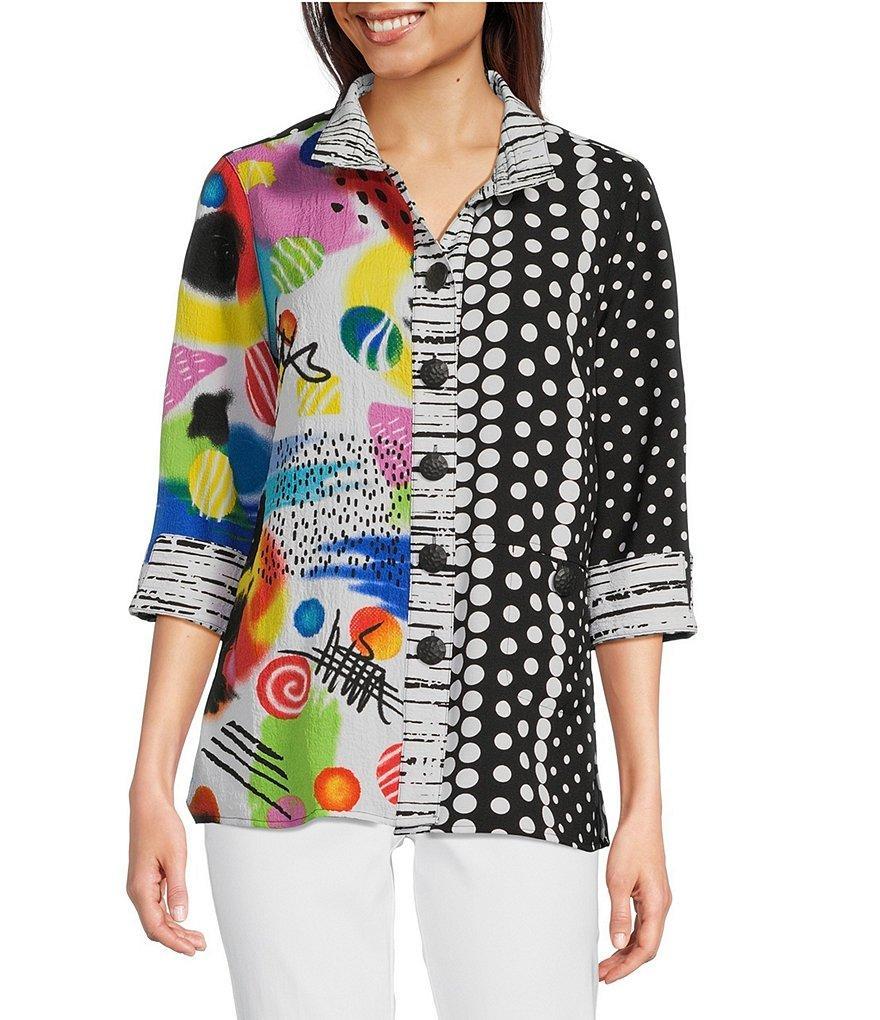 Ali Miles Petite Size Woven Abstract Print Wire Collar 3/4 Sleeve Button Front Tunic Product Image
