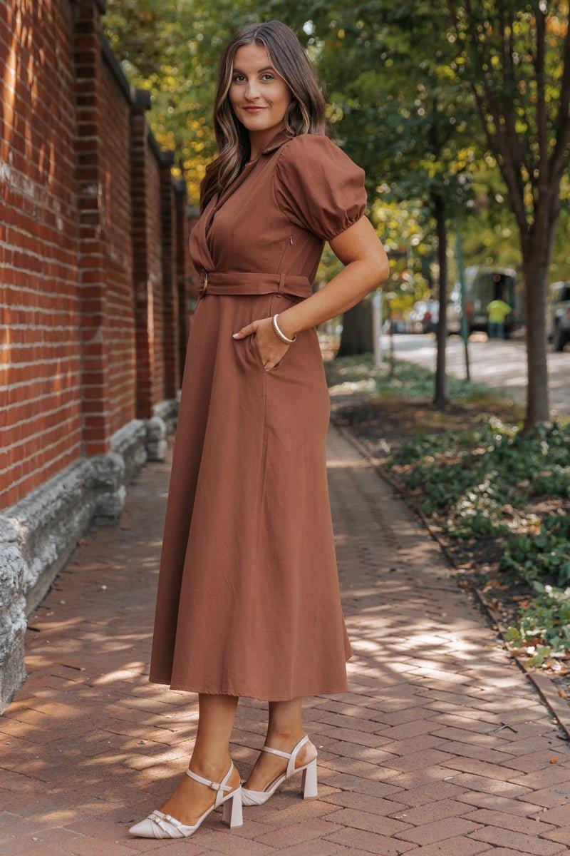 True Autumn Brown Belted Midi Dress - FINAL SALE Female Product Image