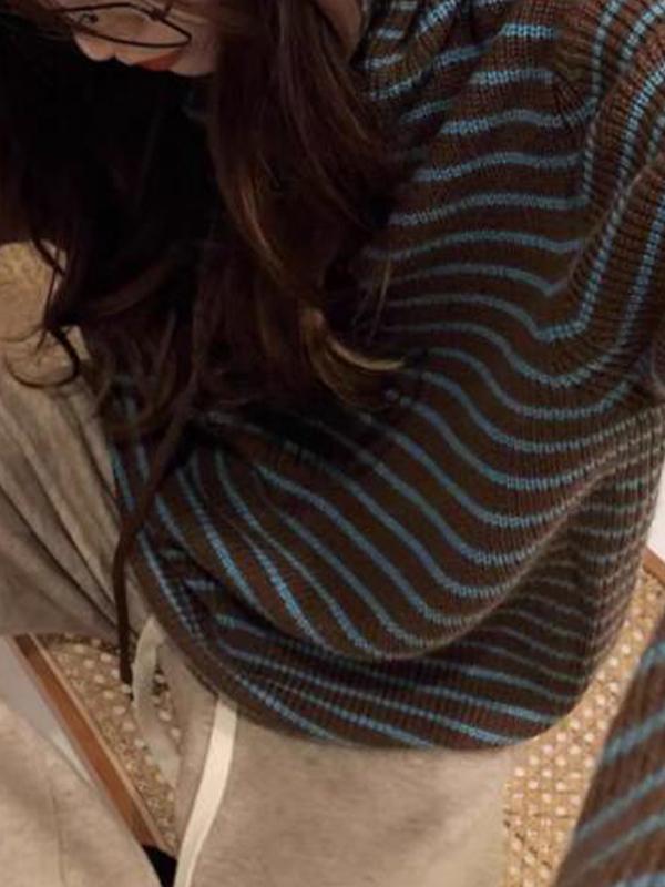 Hooded Stripe Lace Up Sweater Product Image