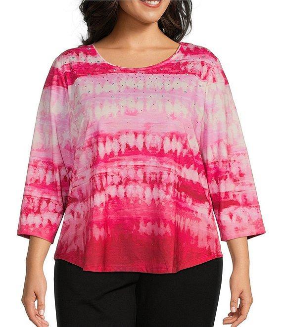 Allison Daley Plus Size Tie-Dye Print 3/4 Sleeve Crew Neck Knit Top Product Image