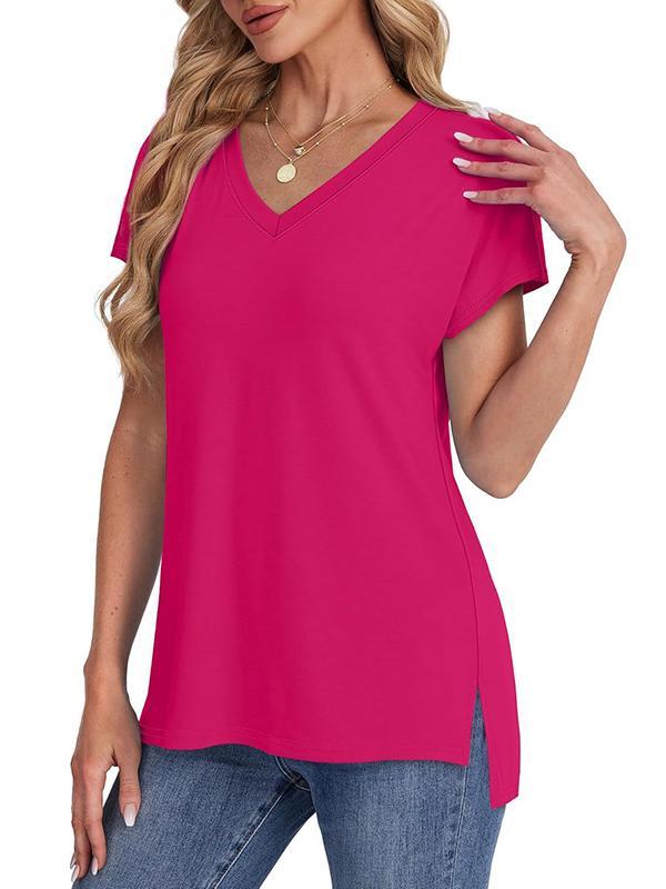 High-Low Raglan Sleeve Solid Color Split-Joint Split-Side V-Neck T-Shirts Product Image