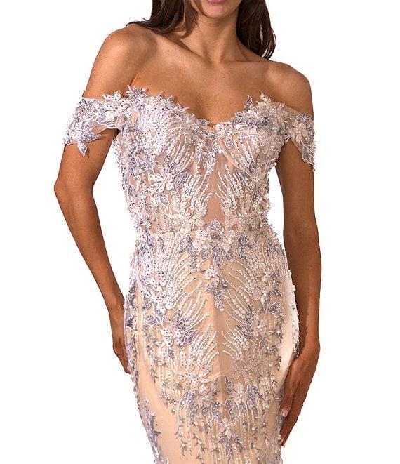 Terani Couture Embroidered Sequin Off-The-Shoulder Neck Short Sleeve Gown Product Image